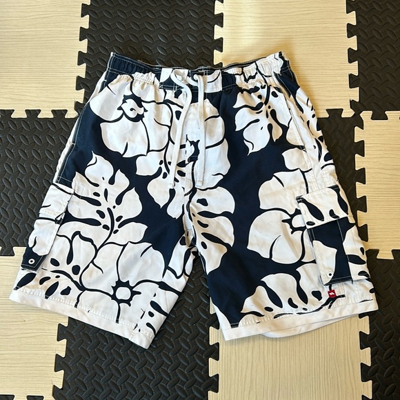 HAWK Tony Hawk Men's Swimming Trunks Blue & Off White Palm Leave Size L - Picture 1 of 7